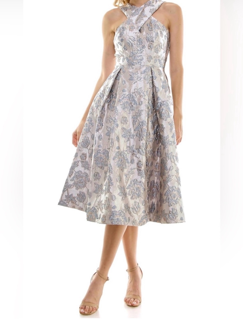 Maison Tara Silver and Light Blue Cross-Halter Floral Midi Dress